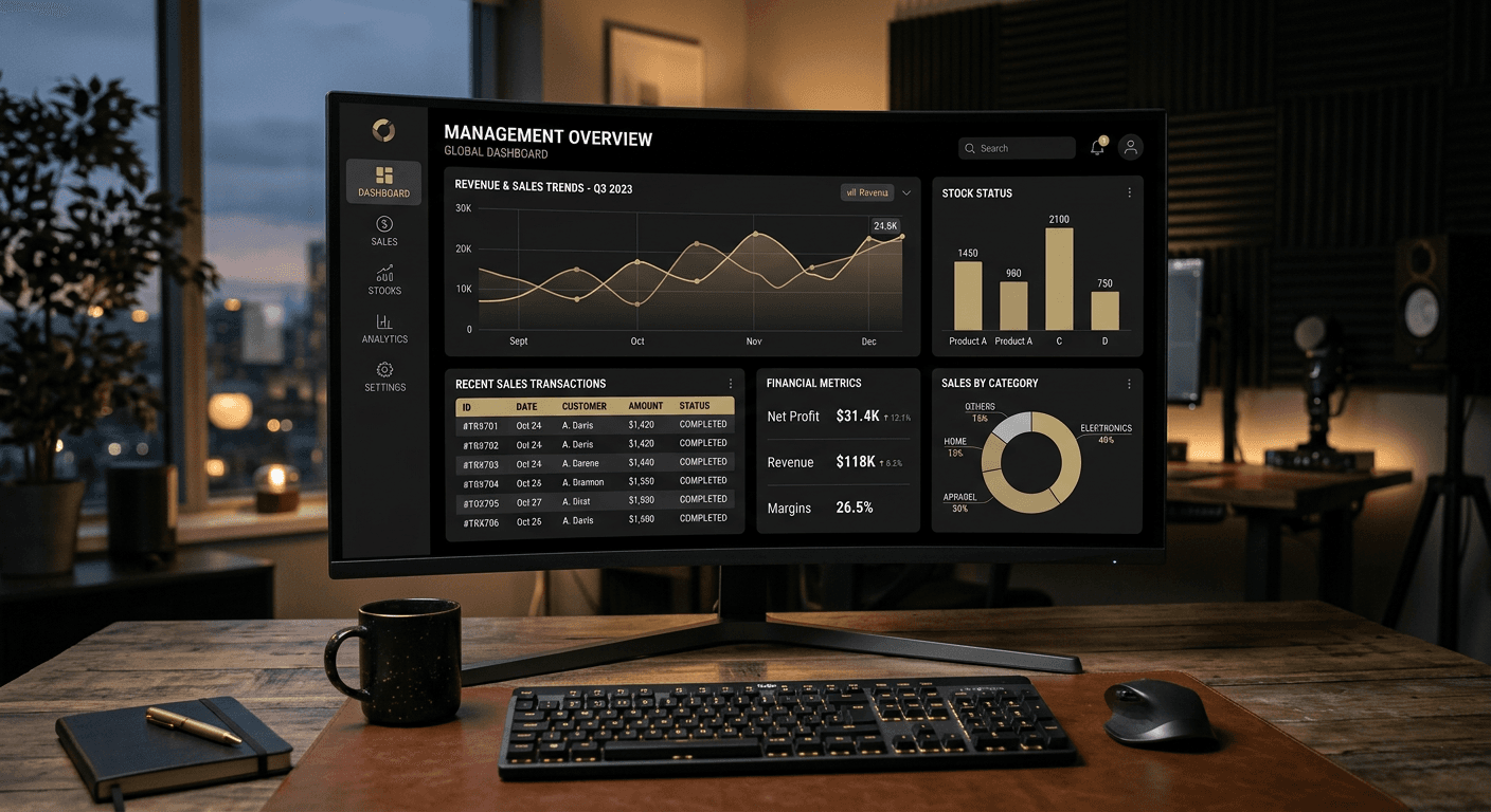 Grafik ve tablolar içeren koyu temalı yönetim paneli ekranı