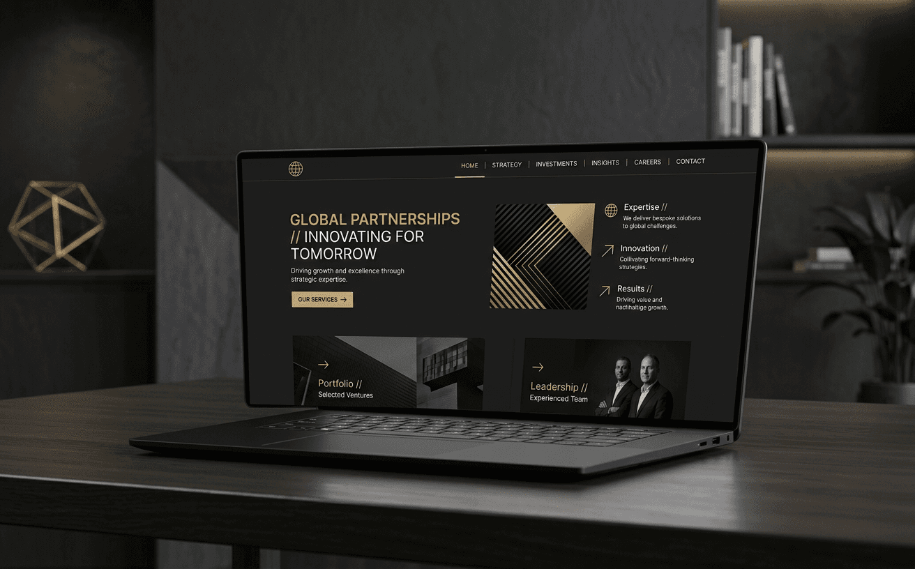 Siyah ve altın tonlarında kurumsal web sitesi arayüzü gösteren dizüstü bilgisayar